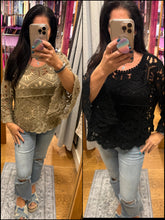 POL Designed in round neck 3/4 sleeve cropped fit top in crochet with various weave knit patterns - Black or Olive