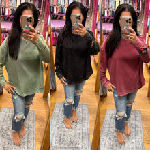 Mineral Washed Elbow Patch Contrast Knit Top - Black, Burgundy Or Sage