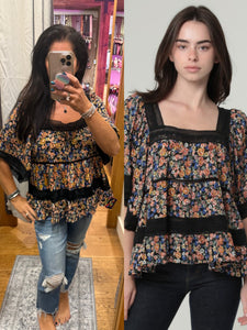 Lace Trim Square Neck Blouse - Black