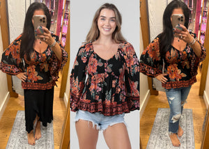 V Neck Smocked Bust Wide Bell Sleeve Top - Black Multi