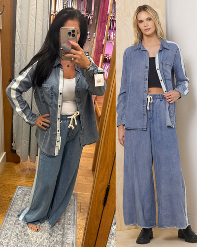 Vintage Havana Washed Denim W/ Ivory Tencel Wide Leg Pant W/ Contrast Taping