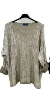 Silver Foil V Neck Sweater - Safari