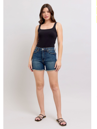 Judy Blue Tummy Control Fray Hem & Shield Back Pockets Shorts