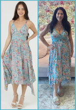 Floral Print Lace Trim V Neck Hanky Hem Maxi Dress - Teal Bayou