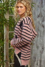 POL long sleeve regular fit hoodie sweater top in Berber with star print, stud point, rib band, slid open slit, reverse zipper, stripe pattern - Pink/Black