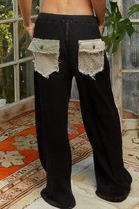 POL relaxed fit in thermal with patch detail pointed solid pattern pants - Black