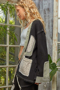 POL cardigan, wide sleeve, relaxed fit top in thermal with patch detail pointed solid pattern - Black