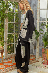 POL cardigan, wide sleeve, relaxed fit top in thermal with patch detail pointed solid pattern - Black