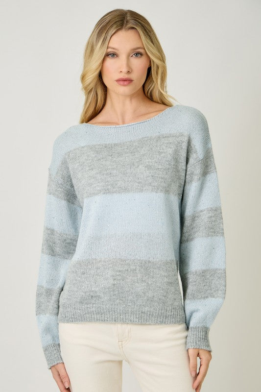 Mystree Color Blocked Sequins Sweater - Soft Blue/Grey