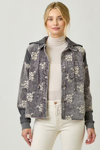 Mystree Flower Embroidery Hoodie Jacket- Washed Black, Washed Rose Or Washed Seafoam