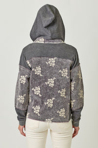 Mystree Flower Embroidery Hoodie Jacket- Washed Black, Washed Rose Or Washed Seafoam