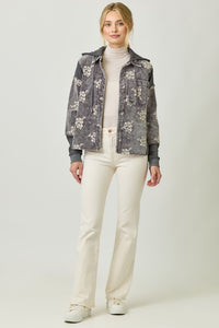 Mystree Flower Embroidery Hoodie Jacket- Washed Black, Washed Rose Or Washed Seafoam