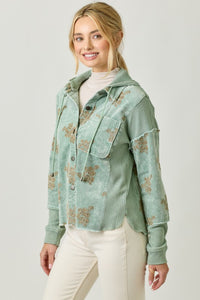 Mystree Flower Embroidery Hoodie Jacket- Washed Black, Washed Rose Or Washed Seafoam