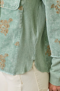 Mystree Flower Embroidery Hoodie Jacket- Washed Black, Washed Rose Or Washed Seafoam