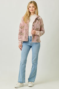 Mystree Flower Embroidery Hoodie Jacket- Washed Black, Washed Rose Or Washed Seafoam