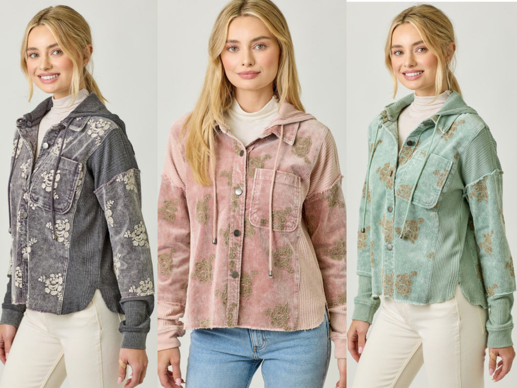 Mystree Flower Embroidery Hoodie Jacket- Washed Black, Washed Rose Or Washed Seafoam