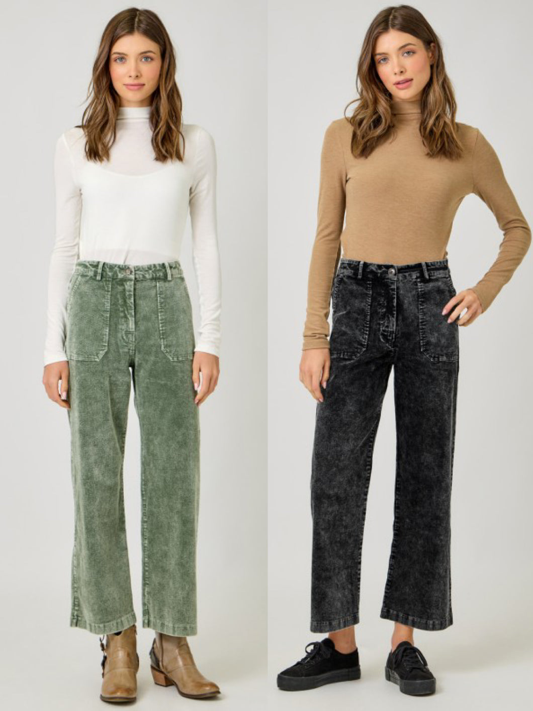 Mystree Washed Corduroy Trousers - Washed Green or Washed Black