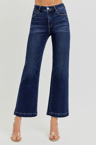 Risen Tummy Control High Rise Crop Wide Jeans - Dark