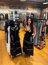 V Neck Tie Back Embroidered Midi Dress With Pockets - Black/Ivory
