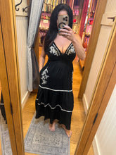 V Neck Tie Back Embroidered Midi Dress With Pockets - Black/Ivory