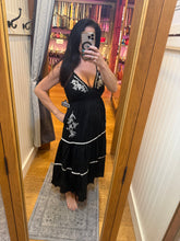 V Neck Tie Back Embroidered Midi Dress With Pockets - Black/Ivory