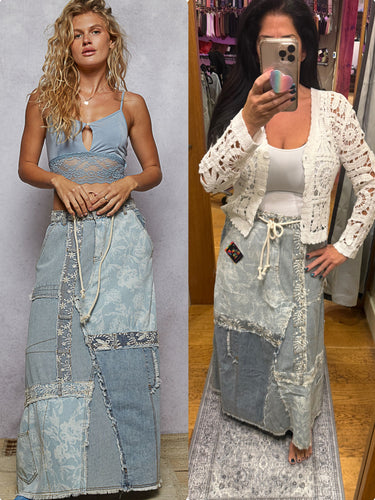POL Patchwork Denim Skirt - Denim Multi