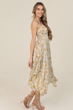 V Neck Lace Trim Hanky Hem Retro Daisy Print Midi Dress - Lemon