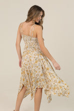 V Neck Lace Trim Hanky Hem Retro Daisy Print Midi Dress - Lemon