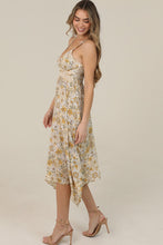 V Neck Lace Trim Hanky Hem Retro Daisy Print Midi Dress - Lemon