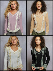 POL V-neck long sleeve regular fit top in rib - Assorted Colors