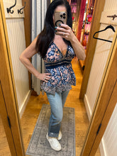 Mix Print V Neck Lace Trim Cami Tank Top - Blue