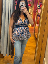 Mix Print V Neck Lace Trim Cami Tank Top - Blue