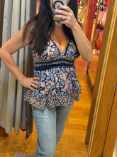 Mix Print V Neck Lace Trim Cami Tank Top - Blue