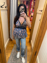 Mix Print V Neck Lace Trim Cami Tank Top - Blue