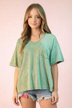 Mineral Washed V-neck Knit Top- Sage