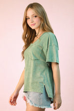 Mineral Washed V-neck Knit Top- Sage