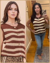 Stripe Button Down Knit Sweater Top - Chocolate