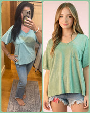 Mineral Washed V-neck Knit Top- Sage