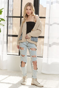 Denim Pockets Cardigan - Charcoal, Beige or Light Grey
