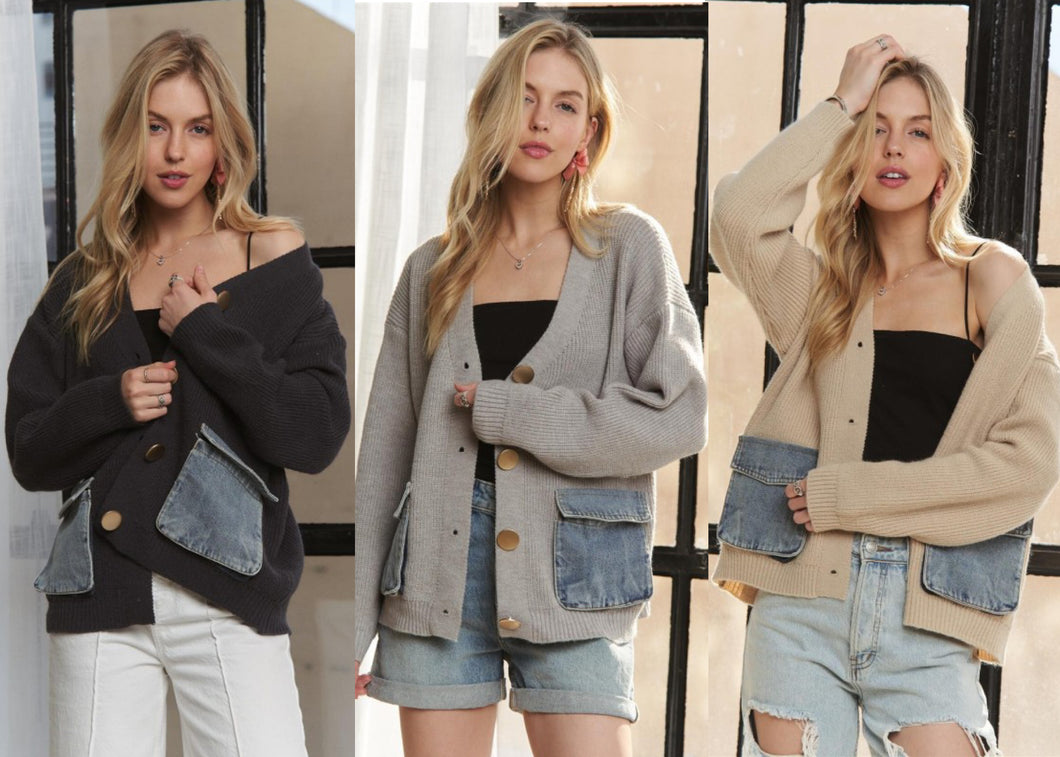 Denim Pockets Cardigan - Charcoal, Beige or Light Grey
