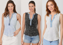 Mystree Washed Thermal Sleeveless Henley Top - Black, Grey,  BluePurple or Cream