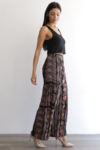 Printed Flare Pants With Lace Inserts And Smocked Waist - Black