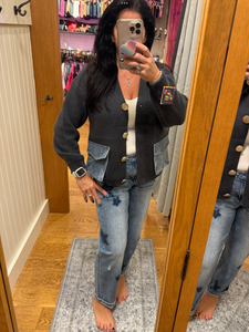 Denim Pockets Cardigan - Charcoal, Beige or Light Grey