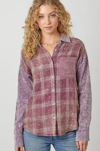 Color Blocked Washed Button Down Shirt - Dusty Lavender or Washed Green