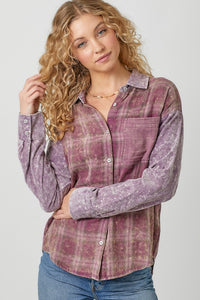 Color Blocked Washed Button Down Shirt - Dusty Lavender or Washed Green