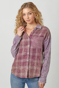 Color Blocked Washed Button Down Shirt - Dusty Lavender or Washed Green