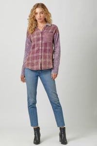 Color Blocked Washed Button Down Shirt - Dusty Lavender or Washed Green