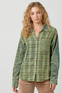 Color Blocked Washed Button Down Shirt - Dusty Lavender or Washed Green