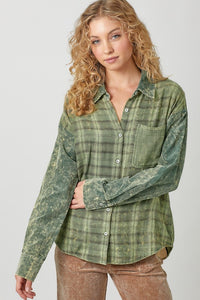 Color Blocked Washed Button Down Shirt - Dusty Lavender or Washed Green
