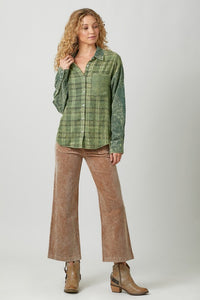 Color Blocked Washed Button Down Shirt - Dusty Lavender or Washed Green